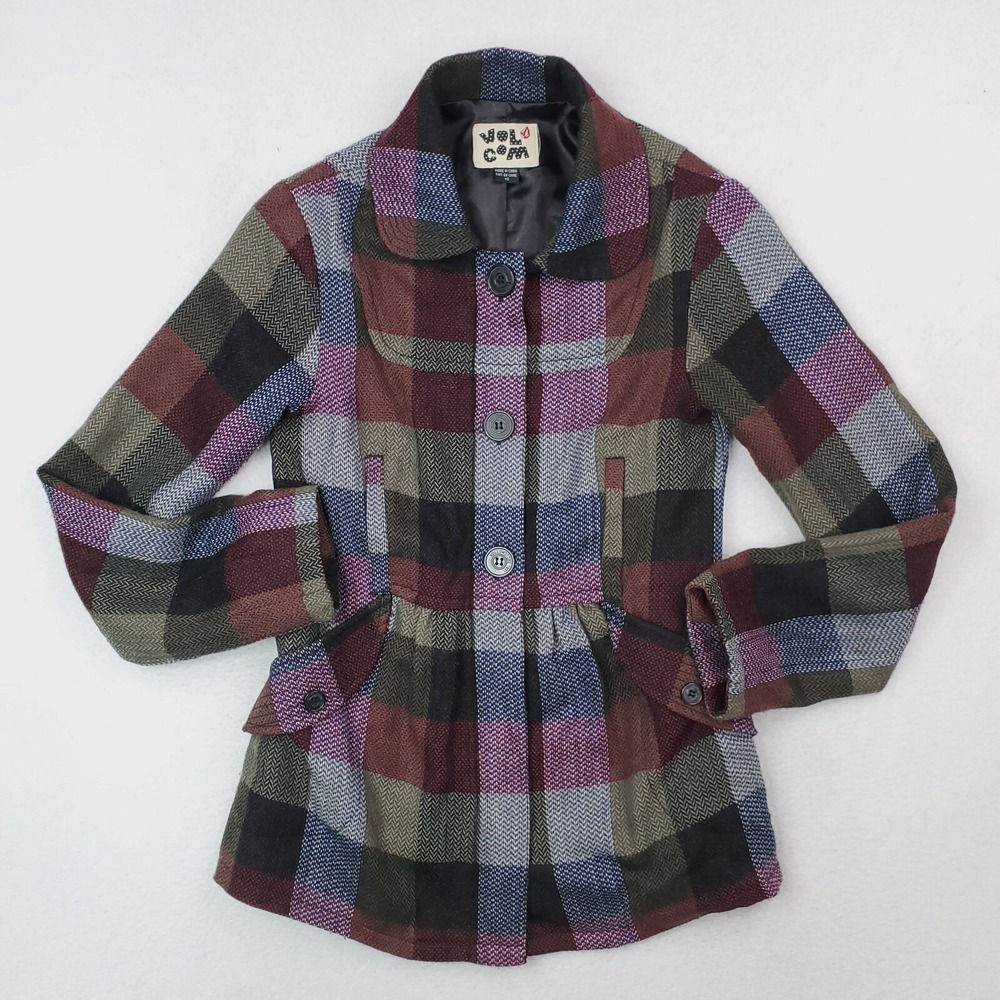 Volcom Jacket Womens Extra Small Purple Gray Plaid To The Bone Wool Blend Blazer